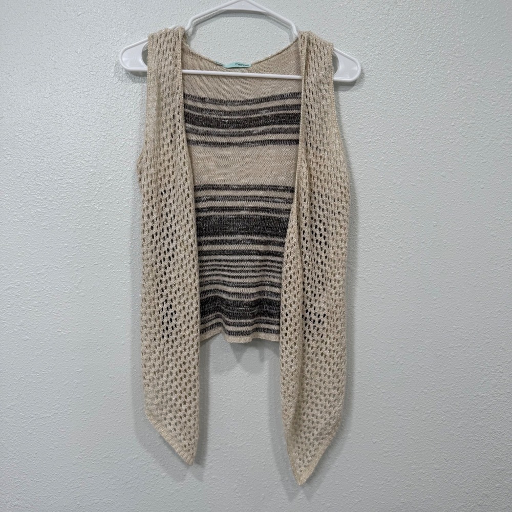 Maurices‎ Womens Medium Tan Striped Hooded Open Front Knit Crochet Vest Boho